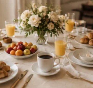 Desayuno empresarial con café, jugo y fruta