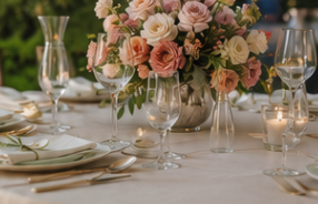 Mesa elegante para evento social con flores
