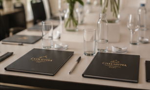 Mesa preparada para evento empresarial